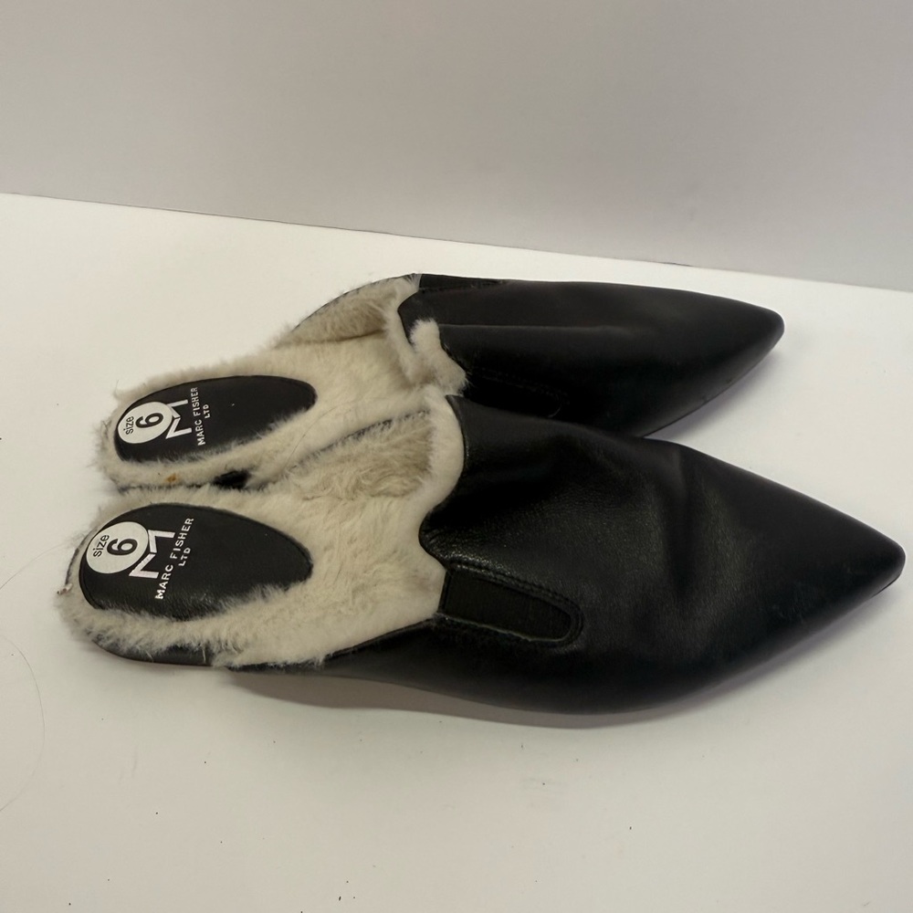 Marc Fisher Saraly Fur Lined Mule In Black Leather Size 6 NEW Faux Fur